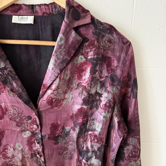 Vintage Floral Satin Blouse with Ruffled Cuffs - Picture 2 of 9